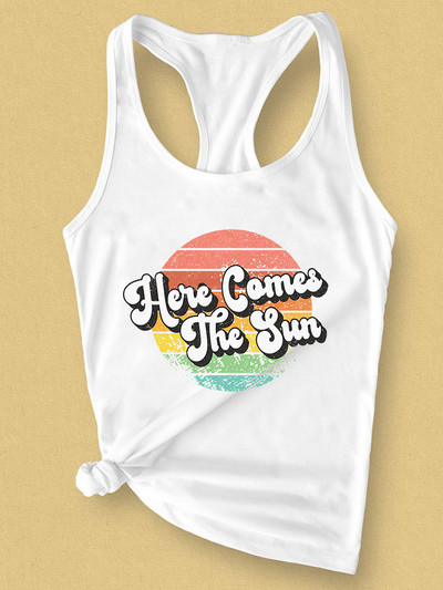 Jön a Női Sun Tank póló Napfény Grafikus nyári mellény Pólók Levélnyomtatás Alkalmi Beach Camis felsők póló ruhák