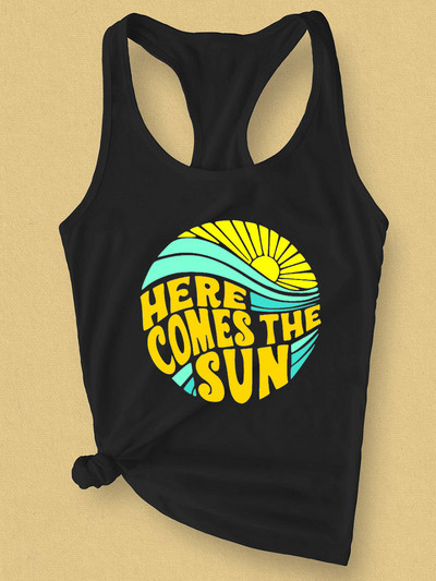 Jön a Női Sun Tank póló Napfény Grafikus nyári mellény Pólók Levélnyomtatás Alkalmi Beach Camis felsők póló ruhák