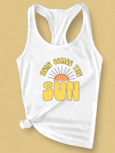 Jön a Női Sun Tank póló Napfény Grafikus nyári mellény Pólók Levélnyomtatás Alkalmi Beach Camis felsők póló ruhák