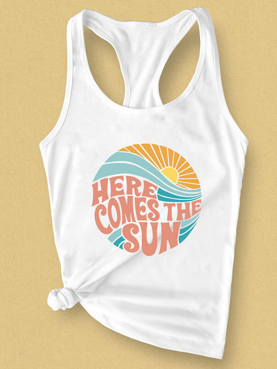 Jön a Női Sun Tank póló Napfény Grafikus nyári mellény Pólók Levélnyomtatás Alkalmi Beach Camis felsők póló ruhák