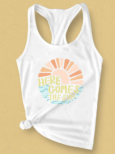 Jön a Női Sun Tank póló Napfény Grafikus nyári mellény Pólók Levélnyomtatás Alkalmi Beach Camis felsők póló ruhák
