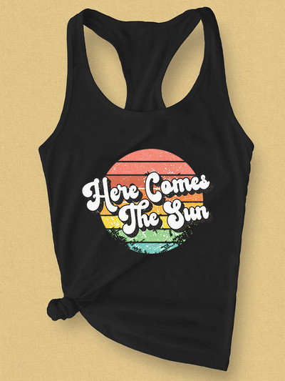 Jön a Női Sun Tank póló Napfény Grafikus nyári mellény Pólók Levélnyomtatás Alkalmi Beach Camis felsők póló ruhák