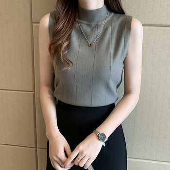 Δεξαμενές Γυναικείες μασίφ αμάνικα Basic Fashion Femme Κομψές γυναικείες μπλούζες σε κορεατικό στυλ, μισό ψηλό χρώμα Φοιτητικό casual μαλακό