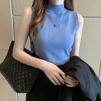 Δεξαμενές Γυναικείες μασίφ αμάνικα Basic Fashion Femme Κομψές γυναικείες μπλούζες σε κορεατικό στυλ, μισό ψηλό χρώμα Φοιτητικό casual μαλακό