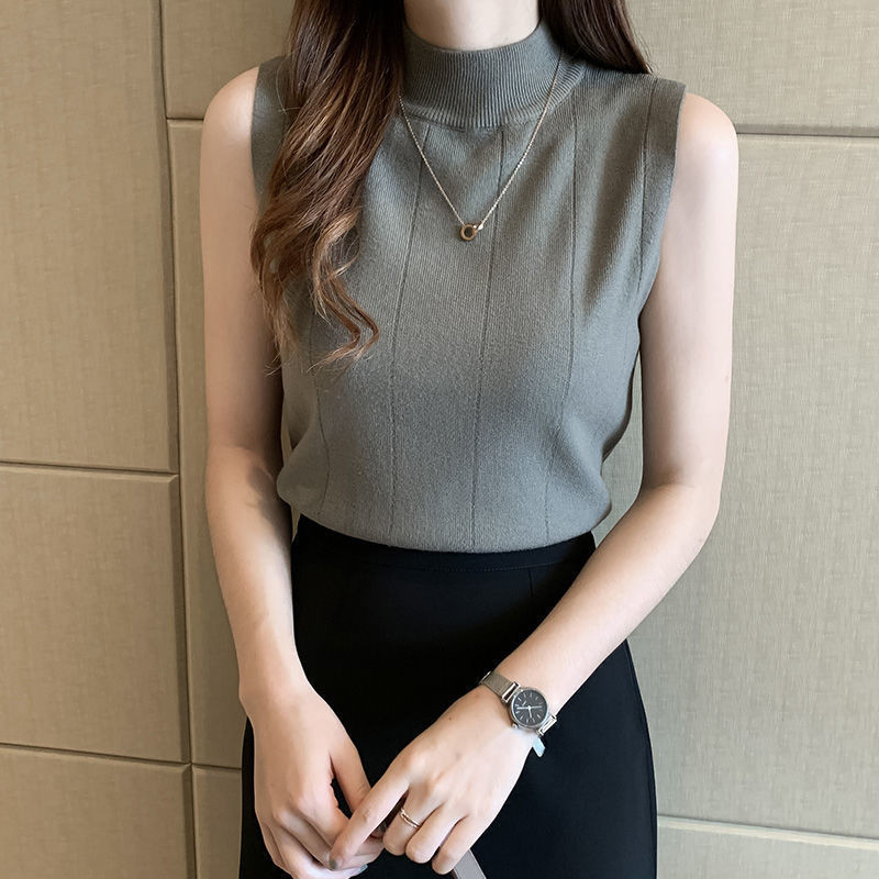 Δεξαμενές Γυναικείες μασίφ αμάνικα Basic Fashion Femme Κομψές γυναικείες μπλούζες σε κορεατικό στυλ, μισό ψηλό χρώμα Φοιτητικό casual μαλακό