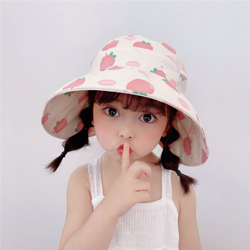 Vasaras brīvdabas meiteņu cepure multfilmas augļi drukas kausa cepure ar lielām malām kokvilnas bērniem saules aizsargkrēms, tukša sauļošanās cepure bez augšējiem aizsargiem