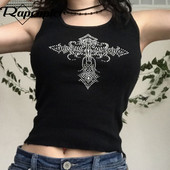 Rapcopter y2k strassz felsők Női Fekete Kötött Mini Mellény O Nyak Ujjatlan Punk Goth Fekete Sweats Női Alkalmi póló Új