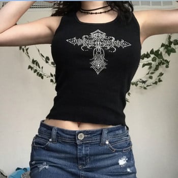 Rapcopter y2k Rhinestone Tank Tops Γυναικεία Μαύρα Πλεκτά Μίνι Γιλέκο O λαιμό Αμάνικο Punk Goth Μαύρο Φιδρώτα Γυναικεία Casual Tee Νέο