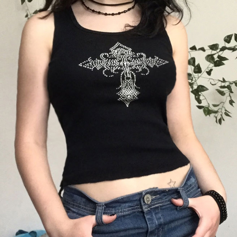 Rapcopter y2k Rhinestone topi Sieviešu melna trikotāžas mini veste O kakla bez piedurknēm Punk Goth melni sviedri Sieviešu ikdienas T-krekls Jauns