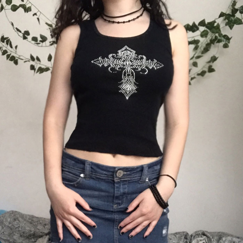 Rapcopter y2k Rhinestone topi Sieviešu melna trikotāžas mini veste O kakla bez piedurknēm Punk Goth melni sviedri Sieviešu ikdienas T-krekls Jauns