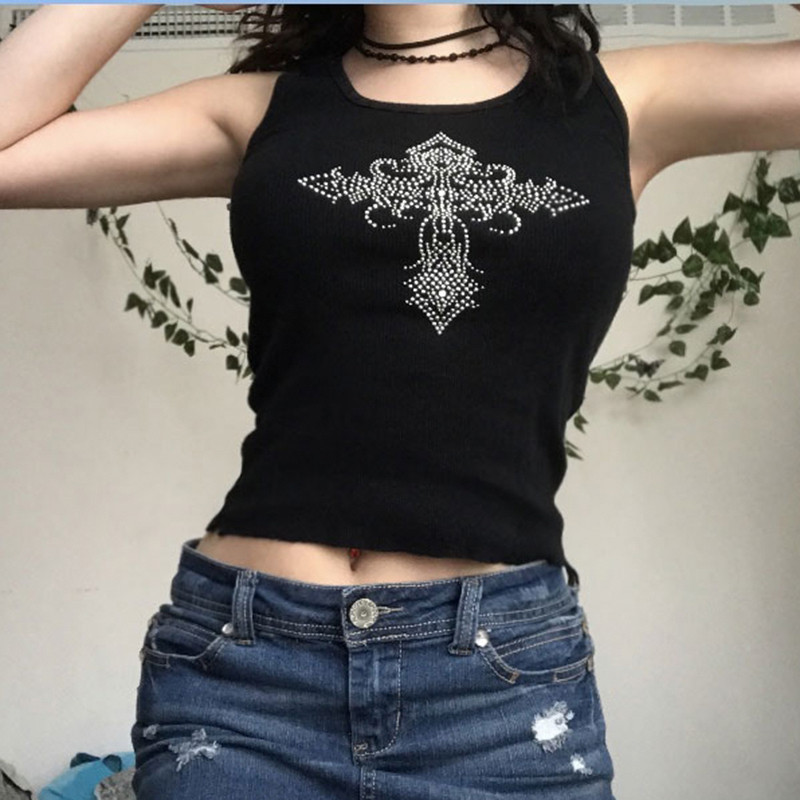 Rapcopter y2k Rhinestone topi Sieviešu melna trikotāžas mini veste O kakla bez piedurknēm Punk Goth melni sviedri Sieviešu ikdienas T-krekls Jauns