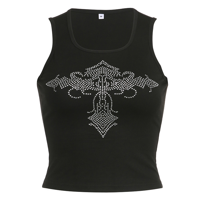 Rapcopter y2k Rhinestone topi Sieviešu melna trikotāžas mini veste O kakla bez piedurknēm Punk Goth melni sviedri Sieviešu ikdienas T-krekls Jauns