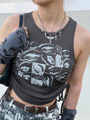 Retro Eyes Print Tops Fairy Grunge Graphic Y2K Crop Tops Rövid ujjú Mellényes Pólók Harajuku Utcai ruha nadrágtartók Női ruhák