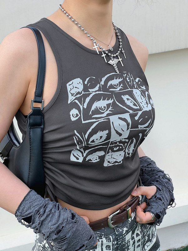 Retro Eyes Print Topi Fairy Grunge Graphic Y2K Crop Tops Īsām piedurknēm Vestes Tees Harajuku Streetwear Suspenders Sieviešu apģērbi