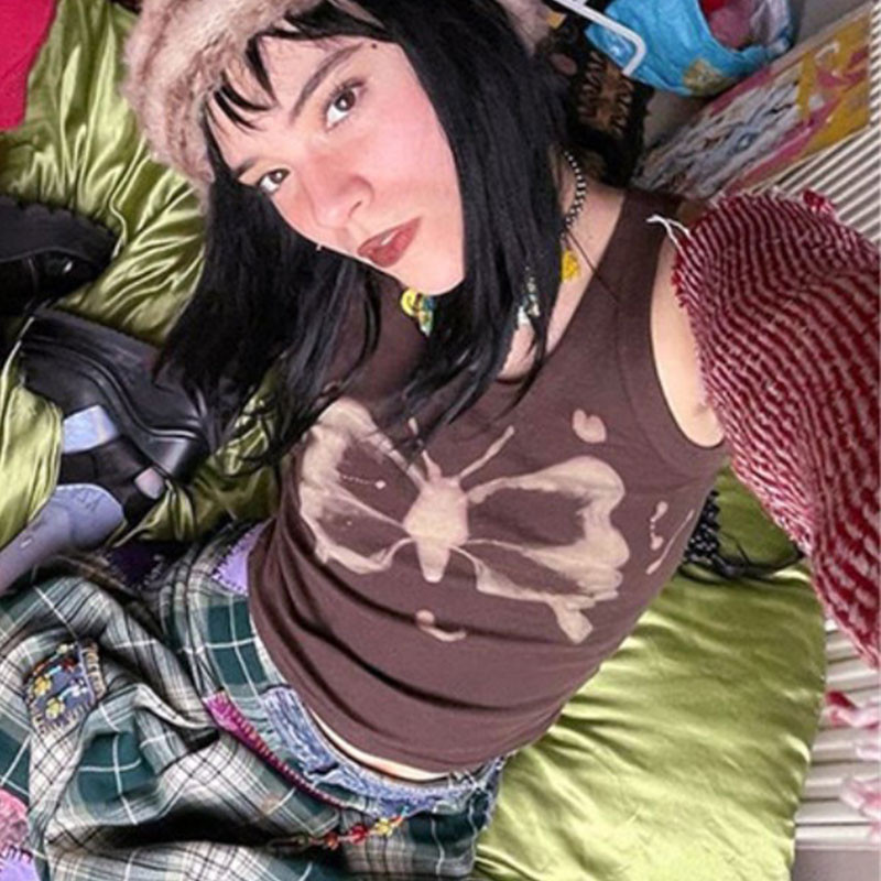 Za 2021 Harajuku Brown Butterfly Print Μπλούζες Streetwear Tanks Αμάνικα Νέα μόδα Vintage καλοκαιρινός κορσές Γυναικεία ρούχα Y2k