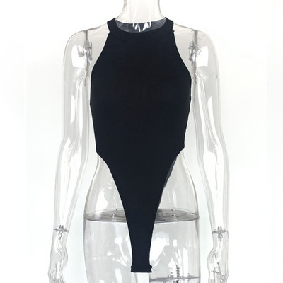 Női, karcsú, ujjatlan, kerek kötőfékű nyakú, magasan hasított jumpsuit, test mellény felső, sztreccs, tömör trikós, rövid ujjú felsők