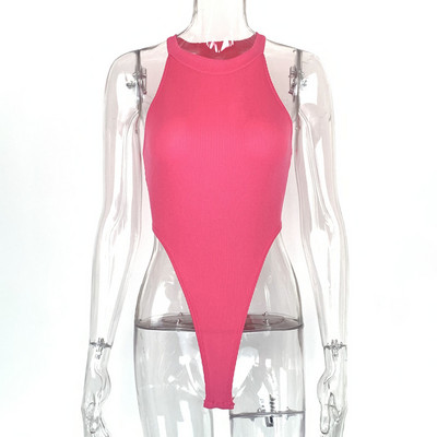 Női, karcsú, ujjatlan, kerek kötőfékű nyakú, magasan hasított jumpsuit, test mellény felső, sztreccs, tömör trikós, rövid ujjú felsők