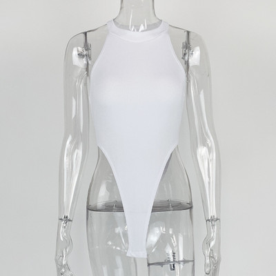 Női, karcsú, ujjatlan, kerek kötőfékű nyakú, magasan hasított jumpsuit, test mellény felső, sztreccs, tömör trikós, rövid ujjú felsők
