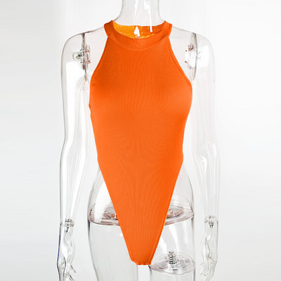 Női, karcsú, ujjatlan, kerek kötőfékű nyakú, magasan hasított jumpsuit, test mellény felső, sztreccs, tömör trikós, rövid ujjú felsők