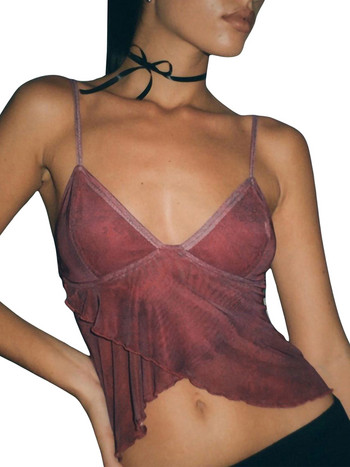 Σέξι Crop γιλέκο για γυναίκες Αμάνικο V λαιμόκοψη Καλοκαιρινό φανελάκι Y2k Mesh Going Out Cami Top Streetwear