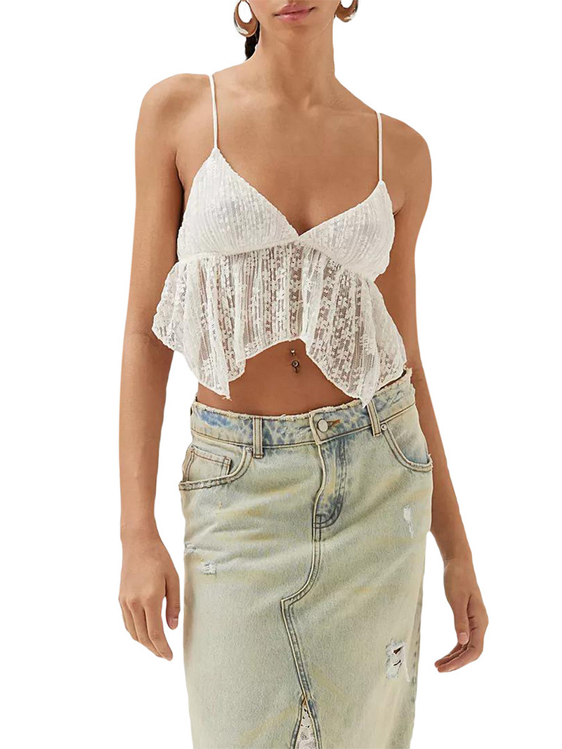 Σέξι Crop γιλέκο για γυναίκες Αμάνικο V λαιμόκοψη Καλοκαιρινό φανελάκι Y2k Mesh Going Out Cami Top Streetwear