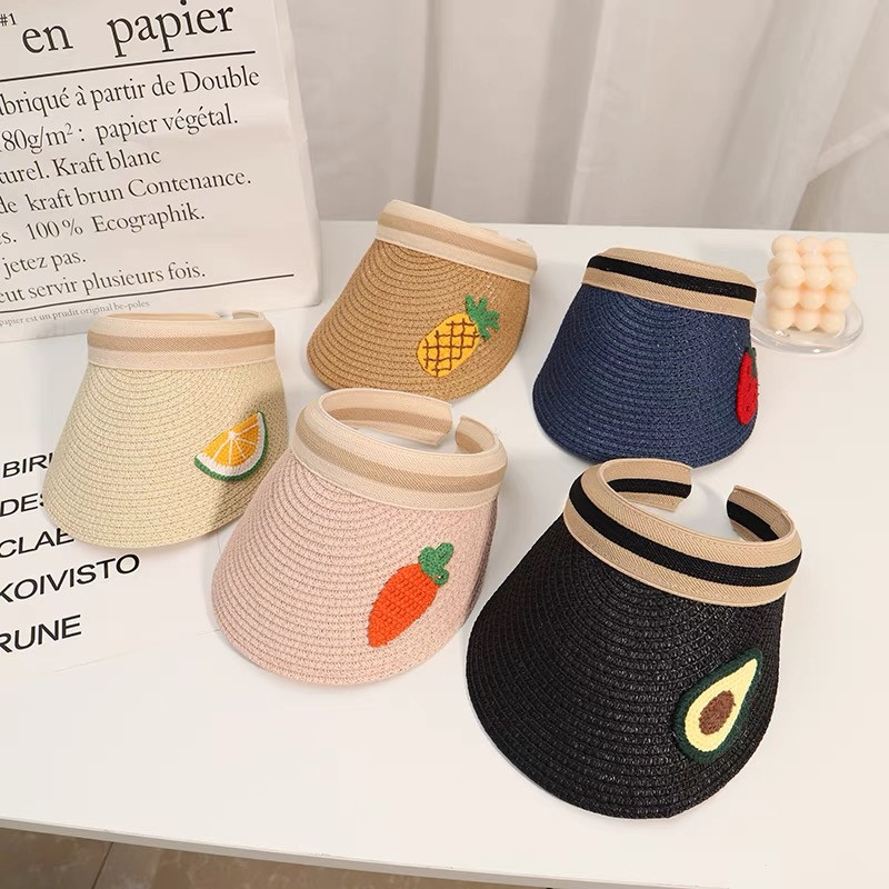 Ψάθινα καλοκαιρινά μαμά μωρά καπέλα ηλίου κατά της υπεριώδους ακτινοβολίας Παιδική εξωτερική προσωπίδα Καπέλα παραλίας Cute Fruits Family Wide Brim Fashion Baby Fruits Cap