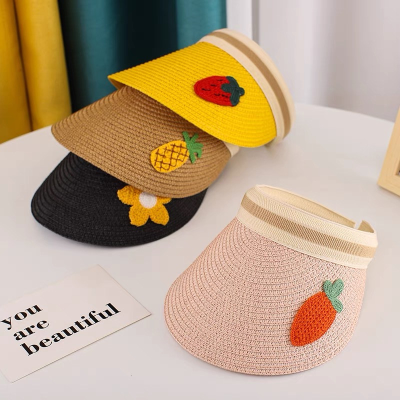 Ψάθινα καλοκαιρινά μαμά μωρά καπέλα ηλίου κατά της υπεριώδους ακτινοβολίας Παιδική εξωτερική προσωπίδα Καπέλα παραλίας Cute Fruits Family Wide Brim Fashion Baby Fruits Cap
