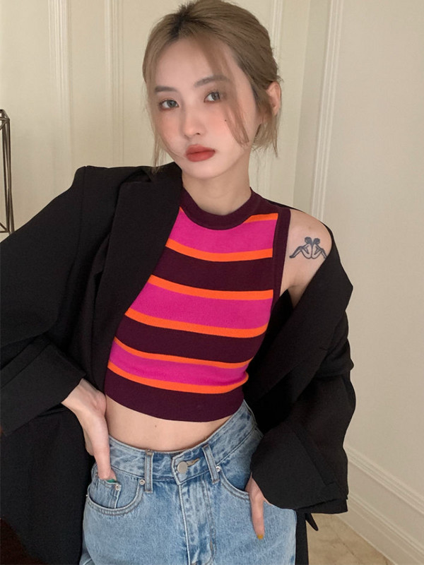 Tanks Γυναικεία ριγέ ρετρό σχεδίαση Προσωπικότητα Λεπτή σέξι καλοκαιρινή επένδυση Κορεάτικου στυλ Leisure Κομψά πλεκτά παντός τύπου Hot Girls