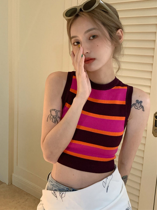 Tanks Γυναικεία ριγέ ρετρό σχεδίαση Προσωπικότητα Λεπτή σέξι καλοκαιρινή επένδυση Κορεάτικου στυλ Leisure Κομψά πλεκτά παντός τύπου Hot Girls