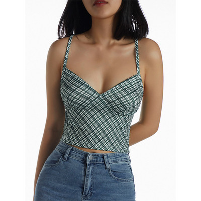 Xingqing Sexy Women Camisole 2022 Summer Spaghetti Strap Bez piedurknēm vintage kontrasta krāsa Plaids Camis Tops V kakla izgriezuma krekls