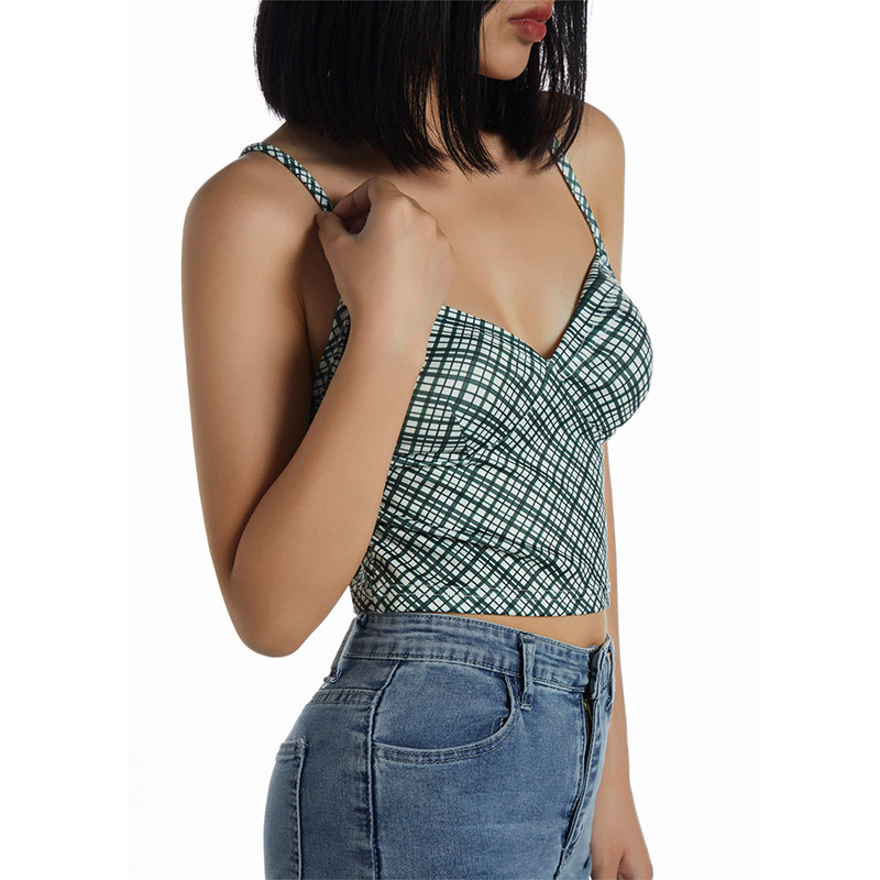 Xingqing Sexy Women Camisole 2022 Summer Spaghetti λουράκι Αμάνικο Vintage αντίθεσης Χρώμα καρό μπλουζάκι καμίσιο V λαιμόκοψη