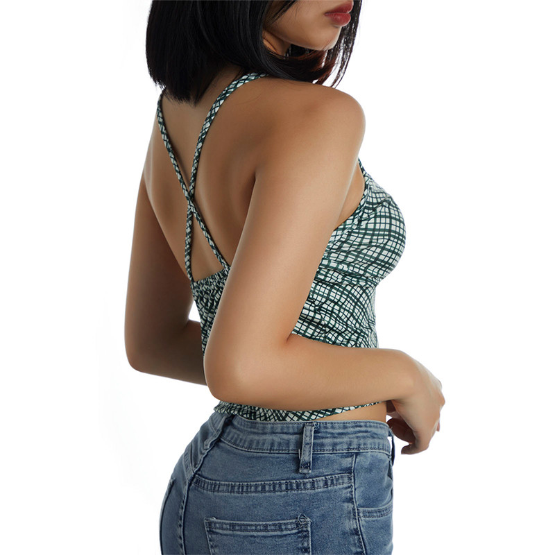 Xingqing Sexy Women Camisole 2022 Summer Spaghetti λουράκι Αμάνικο Vintage αντίθεσης Χρώμα καρό μπλουζάκι καμίσιο V λαιμόκοψη