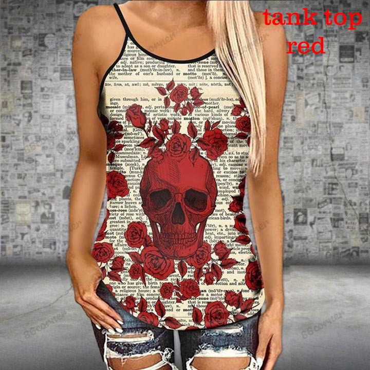 Γυναικείες μπλούζες μόδας Αμάνικο κρανίο λεοπάρ ηλιοτρόπιο σταυρωτό σετ φανελάκι και κολάν Μπλουζάκια και γιόγκα για τζόκινγκ