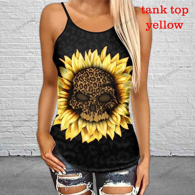 Γυναικείες μπλούζες μόδας Αμάνικο κρανίο λεοπάρ ηλιοτρόπιο σταυρωτό σετ φανελάκι και κολάν Μπλουζάκια και γιόγκα για τζόκινγκ