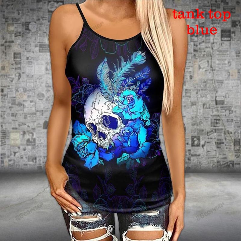 Γυναικείες μπλούζες μόδας Αμάνικο κρανίο λεοπάρ ηλιοτρόπιο σταυρωτό σετ φανελάκι και κολάν Μπλουζάκια και γιόγκα για τζόκινγκ