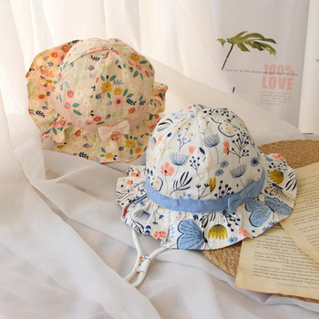 Пролет Лято Бебешка шапка-кофа Шапка с панама с щампа на цветя за деца Шапка за слънце Меки памучни панделки Деца Плажна шапка за малки момичета 1-4 г.