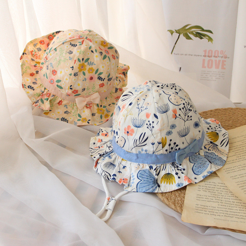 Καπέλο για μωρό άνοιξη καλοκαίρι με λουλούδια στάμπα Panama καπέλο για παιδιά Μαλακό βαμβακερό φιόγκο Παιδικό νήπιο για κορίτσια Καπέλο παραλίας 1-4Y