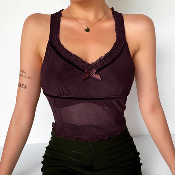 QuanRun σέξι γυναικεία βολάν αμάνικο βαθύ V λαιμόκοψη Top Mesh Προοπτική Μόδα Γυναικείο γιλέκο Party Club Streetwear 2021