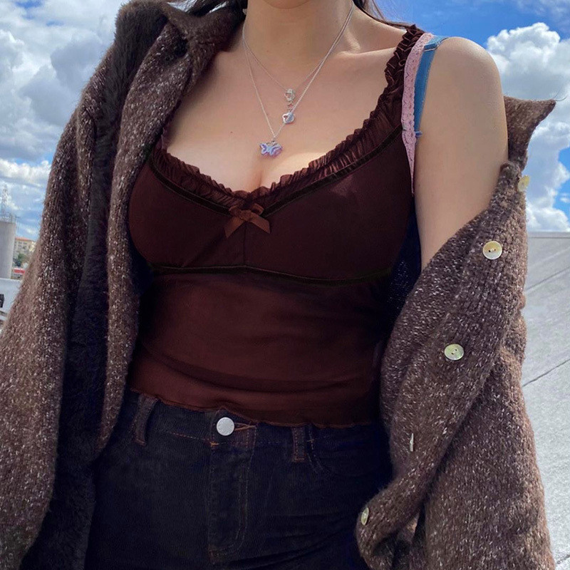 QuanRun σέξι γυναικεία βολάν αμάνικο βαθύ V λαιμόκοψη Top Mesh Προοπτική Μόδα Γυναικείο γιλέκο Party Club Streetwear 2021