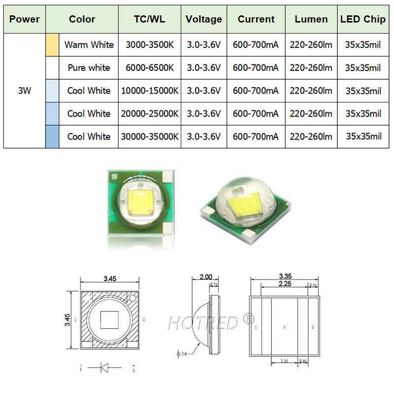 10-50 vnt. LED 1W 3W 3V CREE XPE 3535 SMD lustas šiltai baltas3000K grynai šaltai baltas 6500K 10000K 20000k žibintuvėliui, pasidaryk pats