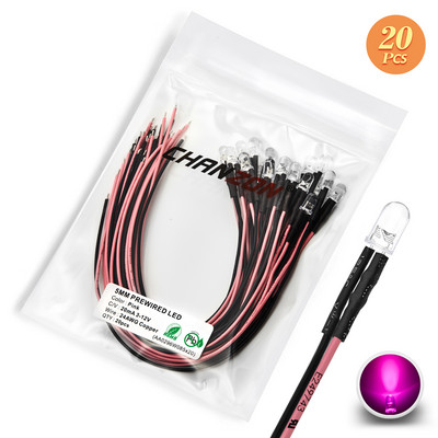 12V 5mm iš anksto prijungtas LED diodų rinkinys, skleidžiantis šviesos karoliukus šiltai baltas raudonas žalias mėlynas geltonas oranžinis UV rožinis išankstinio laidinio kabelio lempos lempučių rinkinys