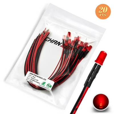 12V 5mm iš anksto prijungtas LED diodų rinkinys, skleidžiantis šviesos karoliukus šiltai baltas raudonas žalias mėlynas geltonas oranžinis UV rožinis išankstinio laidinio kabelio lempos lempučių rinkinys