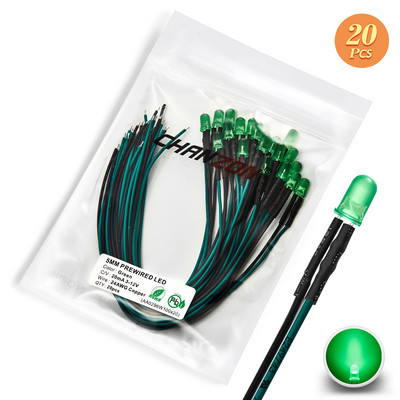 12V 5mm iš anksto prijungtas LED diodų rinkinys, skleidžiantis šviesos karoliukus šiltai baltas raudonas žalias mėlynas geltonas oranžinis UV rožinis išankstinio laidinio kabelio lempos lempučių rinkinys