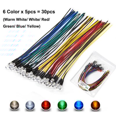 12V 5mm iš anksto prijungtas LED diodų rinkinys, skleidžiantis šviesos karoliukus šiltai baltas raudonas žalias mėlynas geltonas oranžinis UV rožinis išankstinio laidinio kabelio lempos lempučių rinkinys