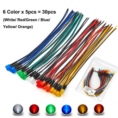 12V 5mm iš anksto prijungtas LED diodų rinkinys, skleidžiantis šviesos karoliukus šiltai baltas raudonas žalias mėlynas geltonas oranžinis UV rožinis išankstinio laidinio kabelio lempos lempučių rinkinys