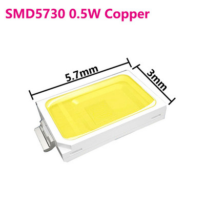 100 vnt. 0,5 W SMD 5730 ir 2835 LED COB mikroschemų lempos karoliukai šviesiai balti arba šilti 120 LM paviršinio montavimo PCB skleidžiančio diodo lempa (3,3–3,6 V)