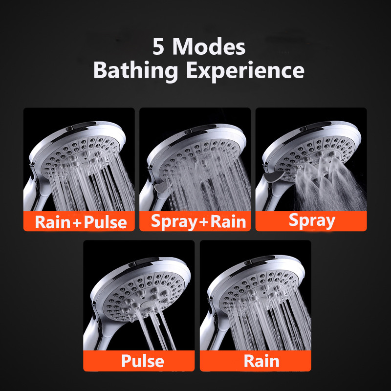 Zhang Ji 5 Modes Ακροφύσιο σιλικόνης Κεφαλή ντους HandHold Rainfall Jet Spray Υψηλής πίεσης Ισχυρή κεφαλή ντους Επιχρωμίωση