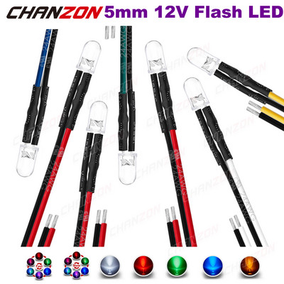 20 бр. 5 mm 12 V LED диод, мигащ, предварително окабелени светлинни перли, мигащи бяло, червено, зелено, синьо, жълто RGB, бързо, бавно мигащо, направи си сам предварително жична лампа
