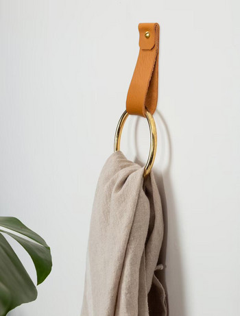Απλή δερμάτινη κρεμάστρα για πετσέτες μπάνιου κρεμάστρα τοίχου λουράκι ώμου πετσέτα γάντζος διακόσμηση μπάνιου ορειχάλκινο δαχτυλίδι για πετσέτες Nordic home