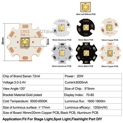 Nagy teljesítményű LED-chip 20 W sík kör alakú lézergyöngy XML 5050 SMD hideg fehér kültéri zseblámpa-kiegészítő izzóhoz